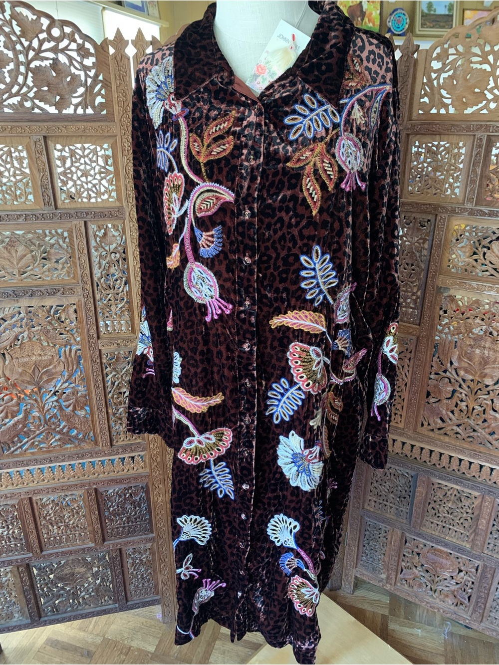 NWT Johnny Was Brown Velvet Midi Gineva ShirtDress with Embroidery